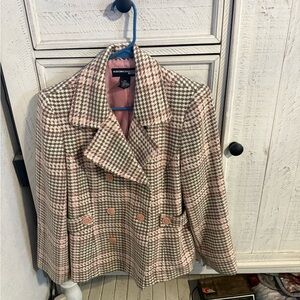 Norton McNaughton Pink and Brown Houndstooth Pea Coat